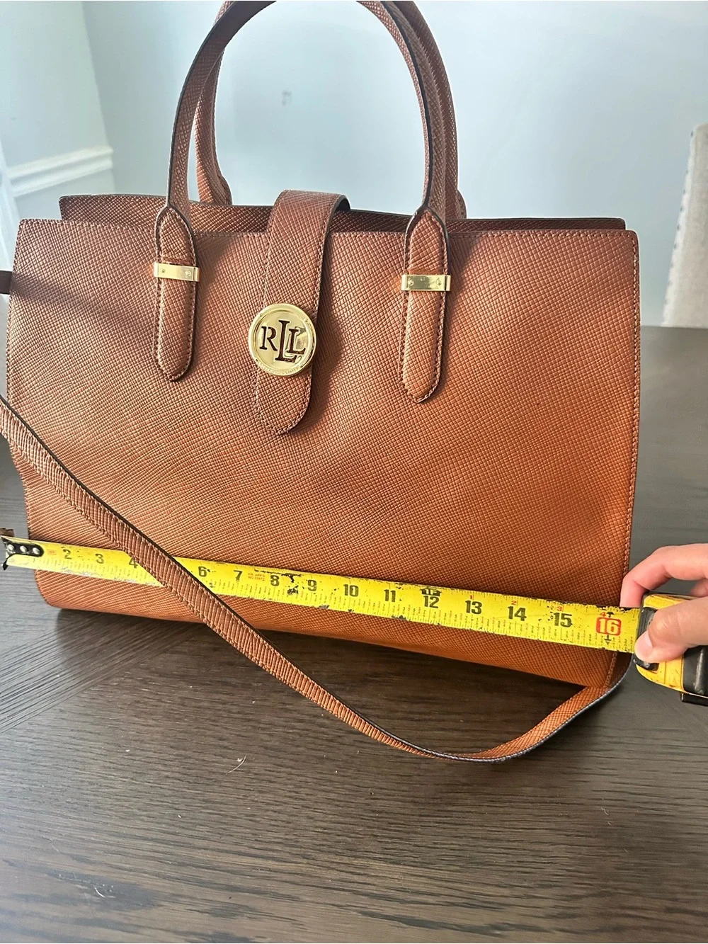 Ralph Lauren Cognac Textured Leather Satchel with Gold Logo